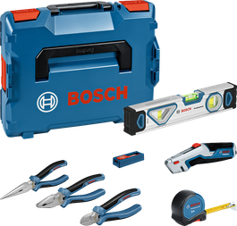 Bộ dụng cụ cầm tay Bosch 16 món gồm kìm và các dụng cụ khác, kèm hộp đựng.