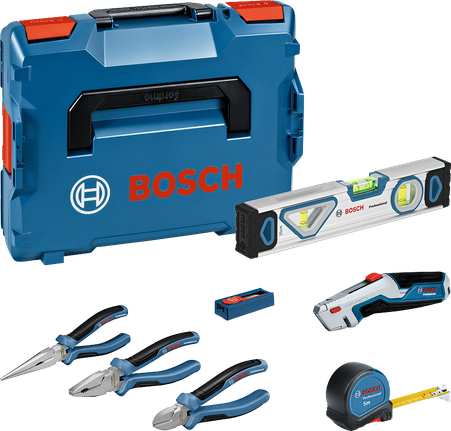 Bộ dụng cụ cầm tay Bosch 16 món gồm kìm và các dụng cụ khác, kèm hộp đựng.