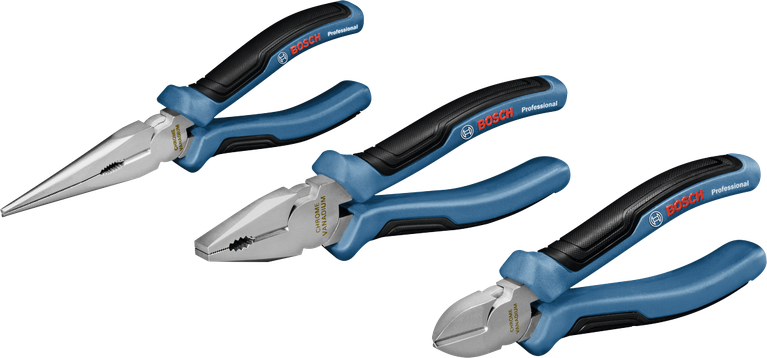 Bộ kìm Bosch 3 chi tiết với tay cầm đa thành phần.