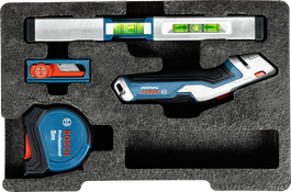 Bộ dụng cụ cầm tay Bosch 13 món gồm thước thăng bằng, dao cắt và thước dây.