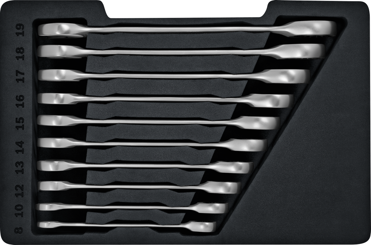 Bộ cờ lê bánh cóc Bosch 10 chi tiết trong khay.