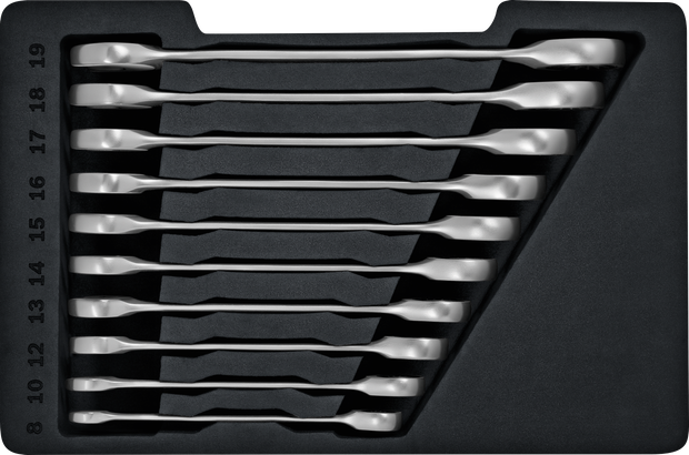 Bộ cờ lê bánh cóc Bosch 10 chi tiết trong khay.