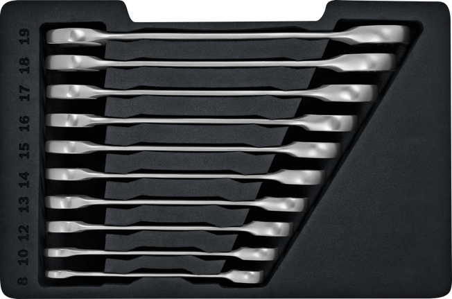 Bộ cờ lê bánh cóc Bosch 10 chi tiết trong khay.