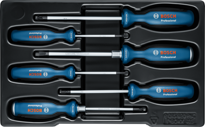 Bộ tua vít Bosch SL/PH/PZ/TX 6 chi tiết với tay cầm đa thành phần.