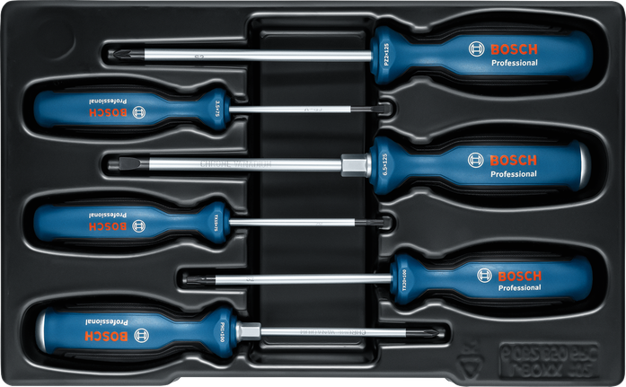 Bộ tua vít Bosch SL/PH/PZ/TX 6 chi tiết với tay cầm đa thành phần.