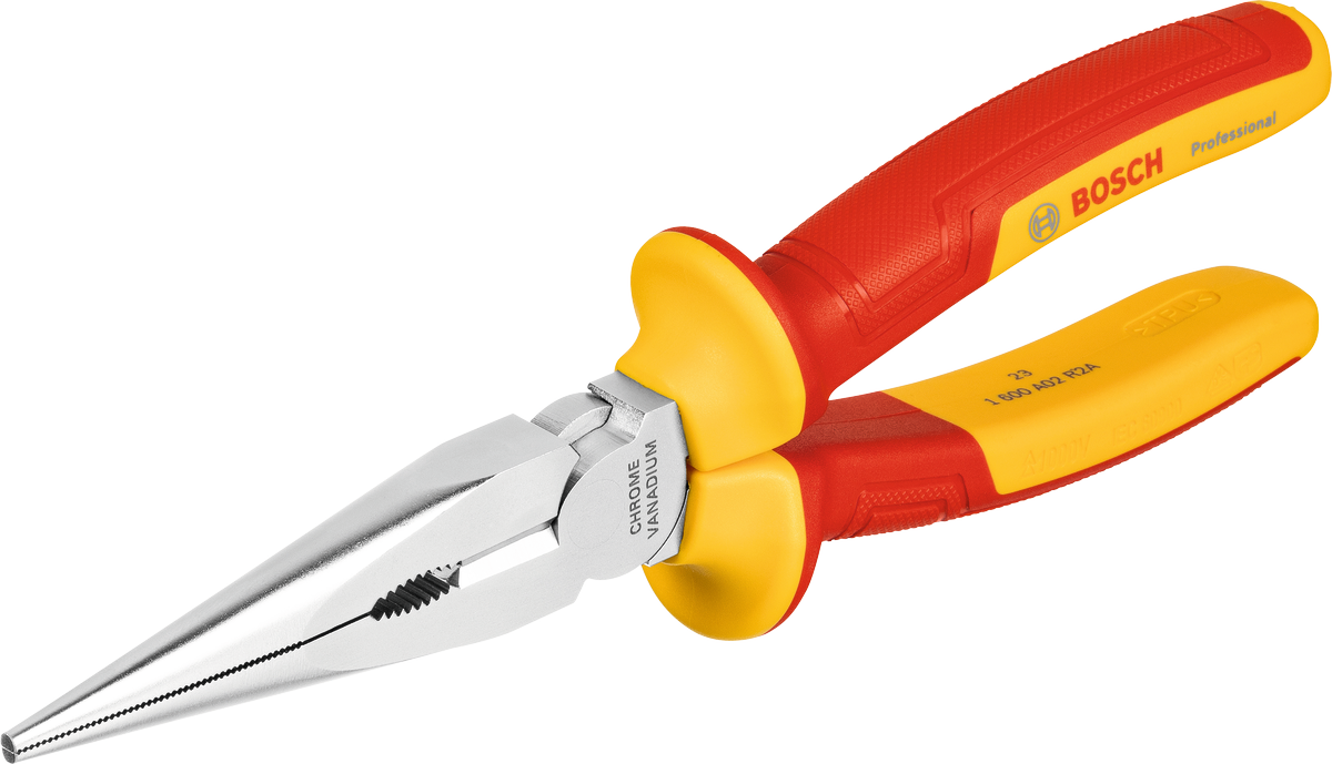 Kìm mũi dài Bosch VDE 200 mm với tay cầm cách điện.