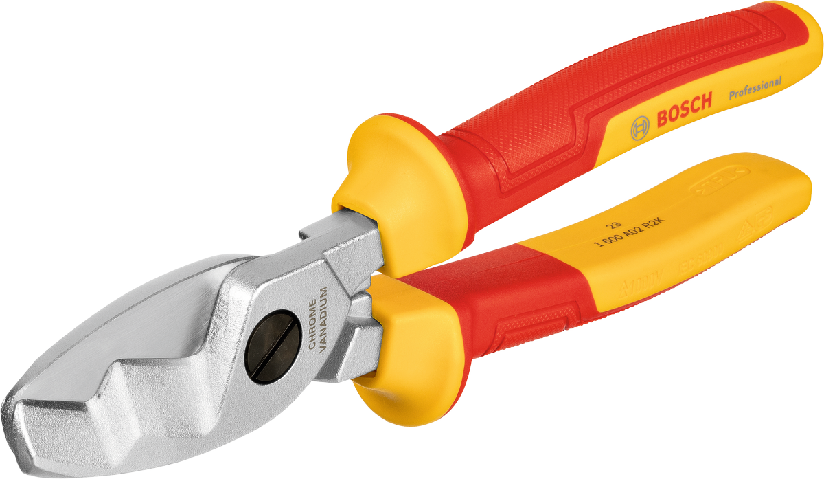 Kìm cắt cáp Bosch VDE với tay cầm màu đỏ vàng cách điện.