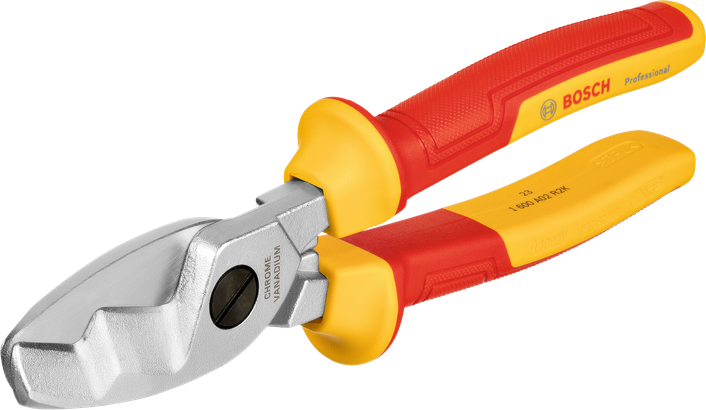 Kìm cắt cáp Bosch VDE với tay cầm màu đỏ vàng cách điện.