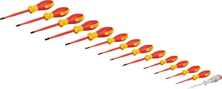 Bộ tua vít Bosch VDE 14 chi tiết, dùng cho điện áp lên đến 1000V.