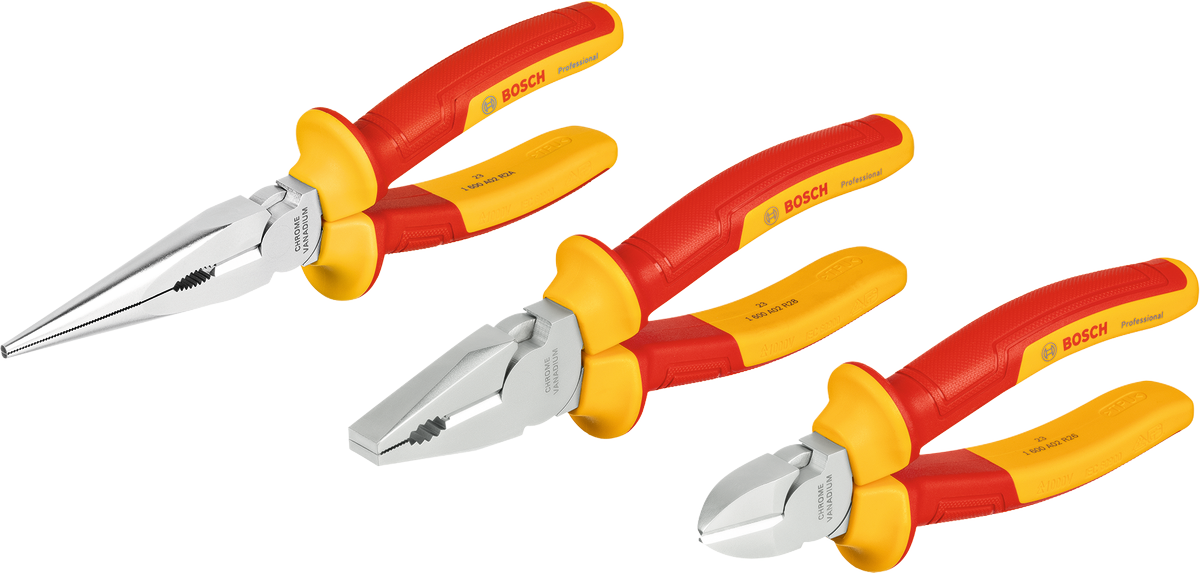 Bộ kìm Bosch VDE 3 chi tiết với tay cầm cách điện.