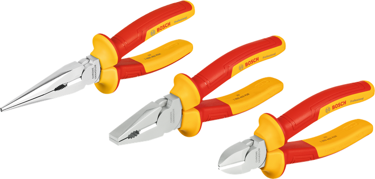 Bộ kìm Bosch VDE 3 chi tiết với tay cầm cách điện.