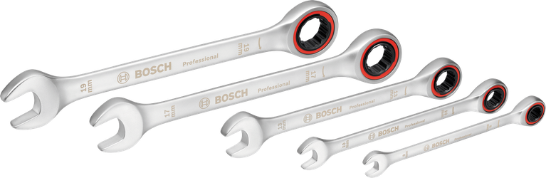 Bộ cờ lê bánh cóc Bosch 5 chi tiết với đầu mở và đầu vòng.