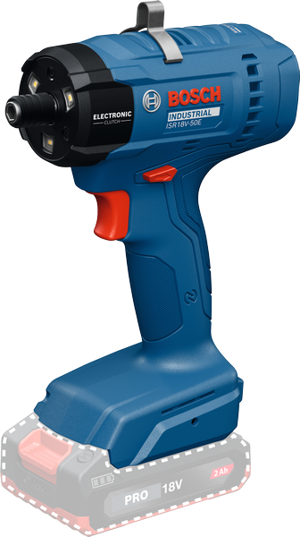 Máy vặn vít dùng pin Bosch ISR 18V-50 E với khe cắm pin 2Ah.