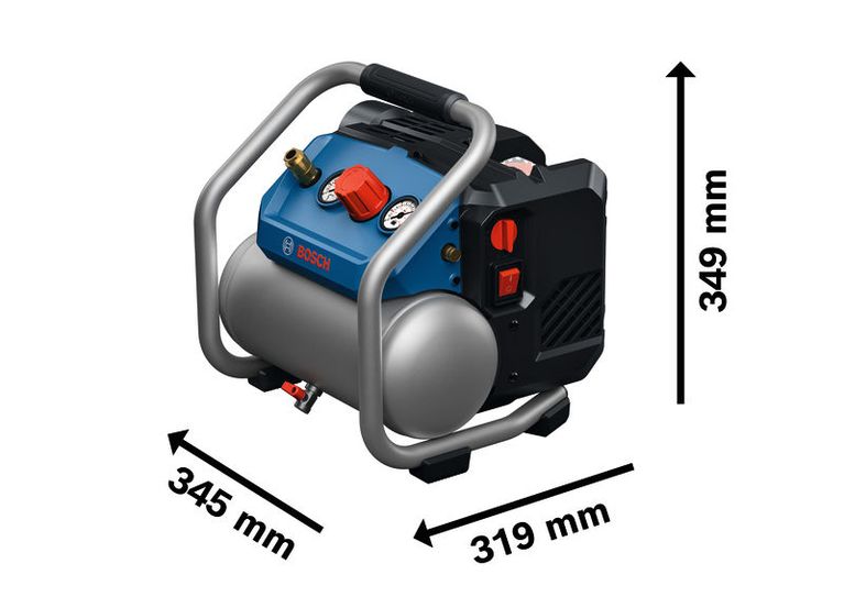 Máy nén khí không dây Bosch GKO18V-51 với kích thước và thông số kỹ thuật.