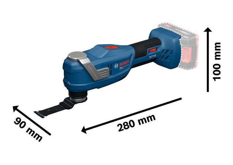Dụng cụ đa năng Bosch GOP18V-30 có kích thước hiển thị.