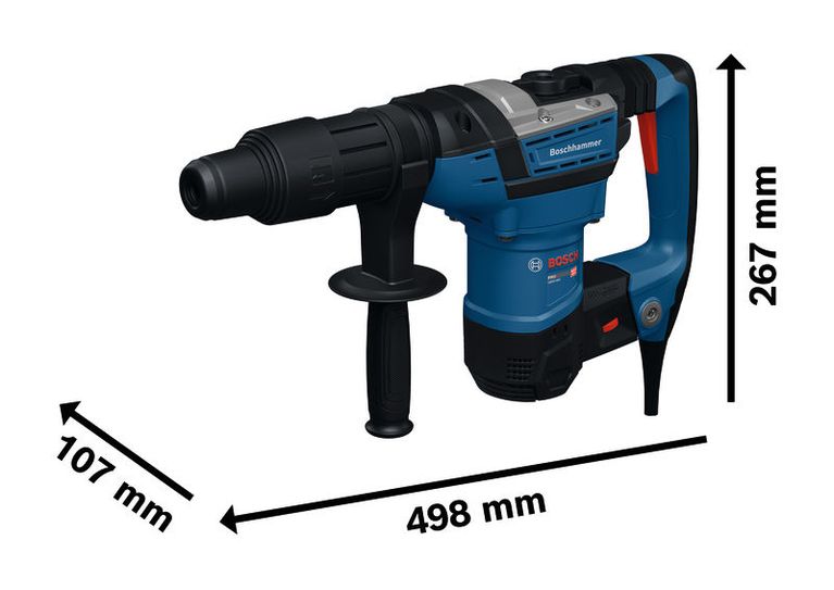 Máy khoan búa xoay Bosch GBH5-40V với đầu vít SDS max, hình ảnh kích thước chi tiết.