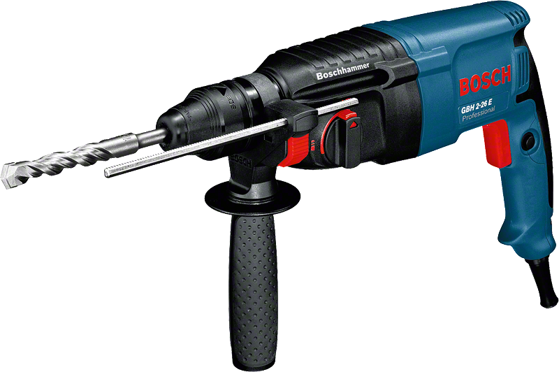 Máy khoan búa Bosch GBH 2-26 E có đầu SDS plus và tay cầm bên hông.