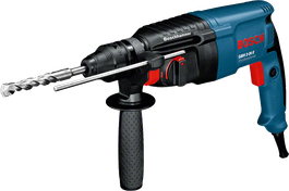 Máy khoan búa Bosch GBH 2-26 E có đầu SDS plus và tay cầm bên hông.