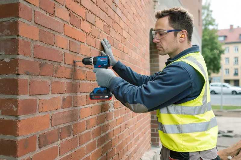 Một người đàn ông mặc đồ bảo hộ đang dùng máy khoan không dây để khoan vào tường gạch.