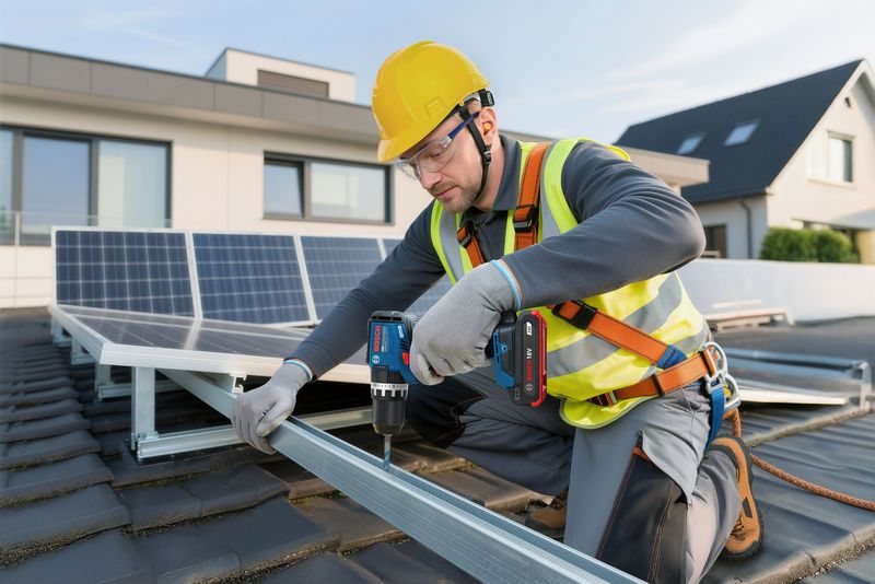 Một người đàn ông mặc đồ bảo hộ đang lắp đặt khung tấm pin mặt trời bằng máy khoan không dây.