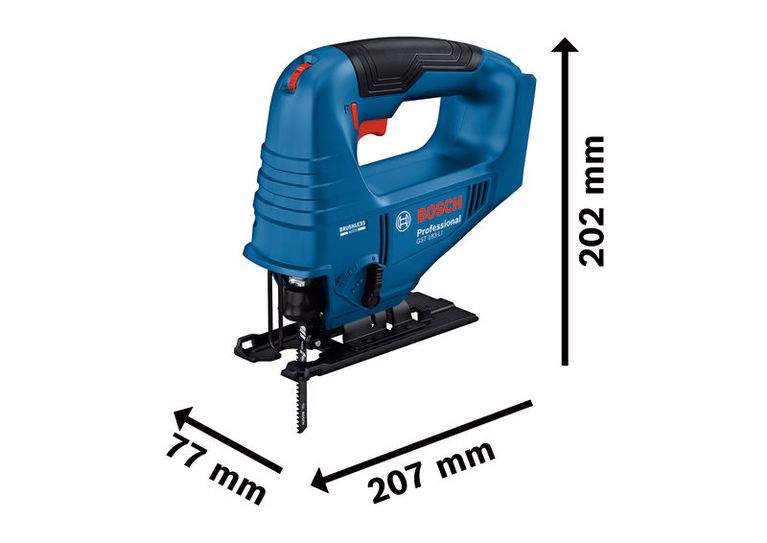 Máy cưa lọng không dây Bosch GST 183-LI với kích thước được hiển thị.