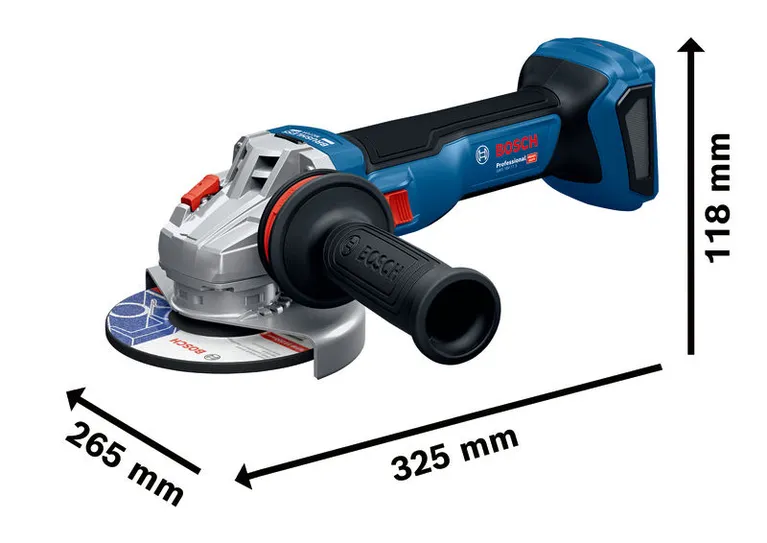 Máy mài góc không dây Bosch GWS 18V-11 S với kích thước cụ thể.
