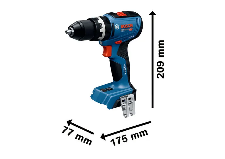 Kích thước của máy khoan búa không dây Bosch GSB 18V-65 được hiển thị trong hình.