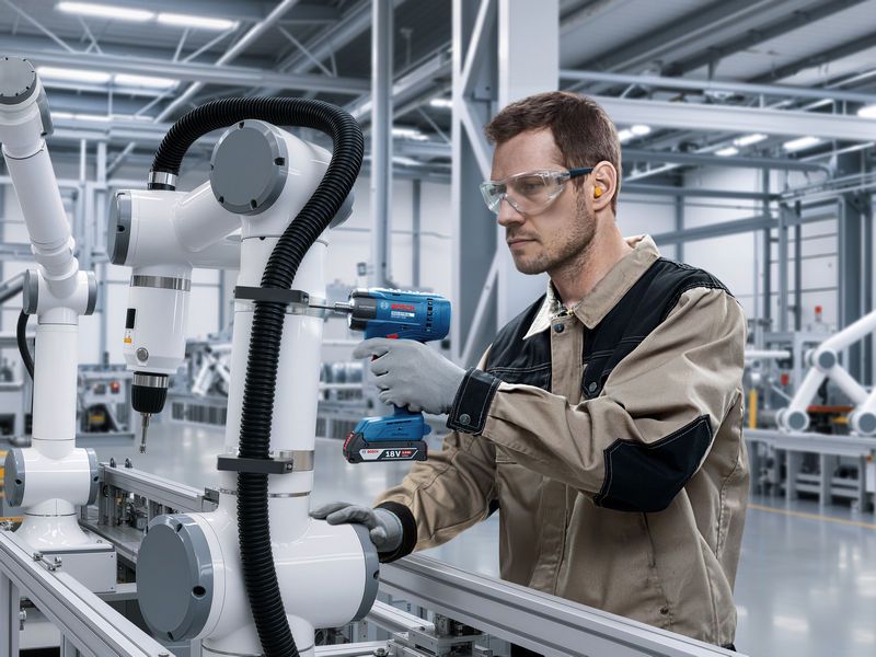Công nhân mặc đồ bảo hộ sử dụng máy khoan không dây trên cánh tay robot công nghiệp.