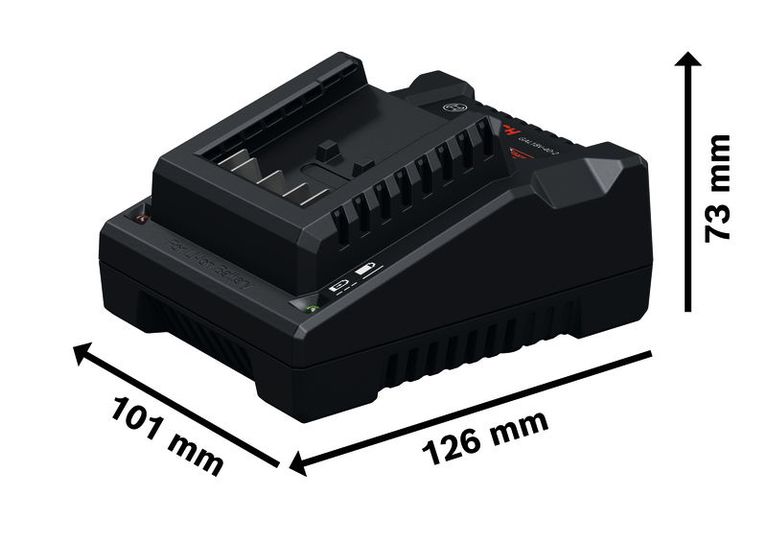 Bộ sạc pin Bosch GAL 18V-40 với kích thước được hiển thị.