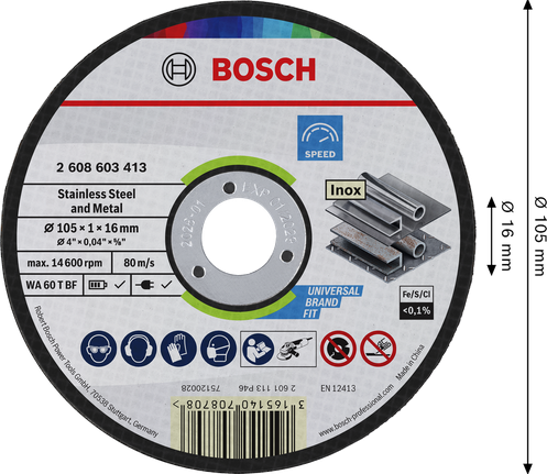 Đĩa cắt thép không gỉ và kim loại Bosch 105 x 1 x 16 mm.