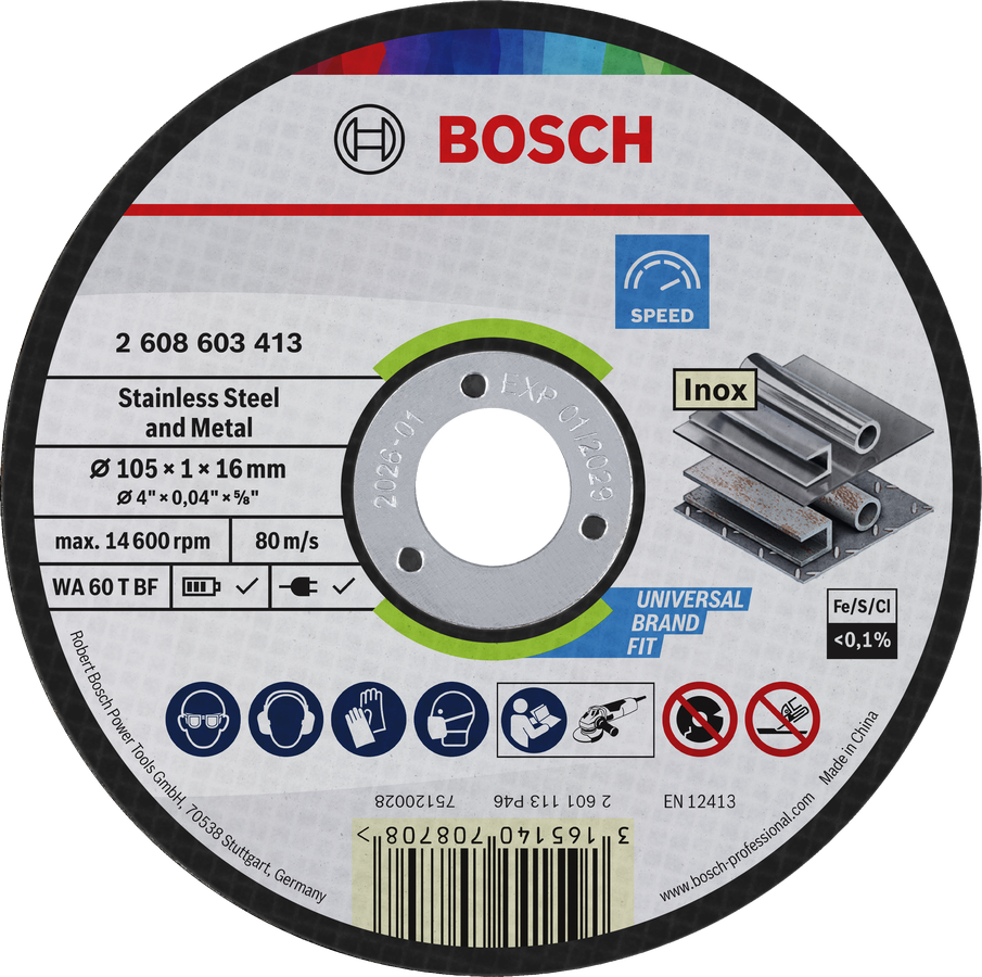 Đĩa cắt thép không gỉ và kim loại Bosch 105 x 1 x 16 mm.