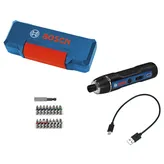 Bộ tua vít không dây Bosch GO kèm cáp USB và các đầu vít.