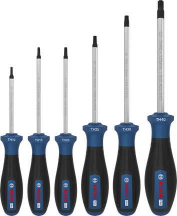 Bộ tua vít Bosch PRO TH 6 chi tiết với tay cầm được mã hóa màu sắc.