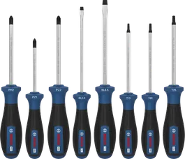 Bộ tua vít Bosch PRO 8 món với tay cầm được mã hóa màu sắc.
