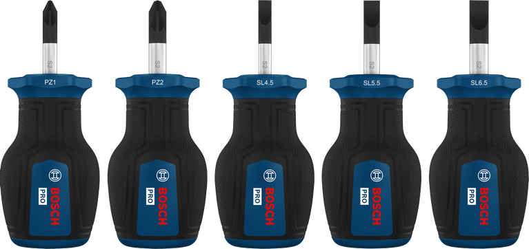 Bộ tua vít ngắn Bosch PRO PZ/SL với tay cầm được mã hóa màu sắc.