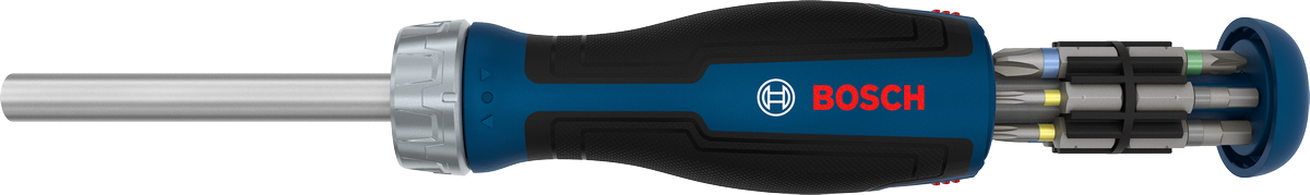 Bộ tua vít có cần siết Bosch kèm hộp chứa 12 mũi vít.