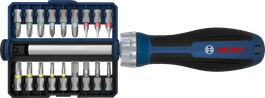 Bộ tua vít có tay cầm xoay Bosch với 18 đầu vít thay thế.