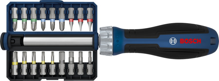 Bộ tua vít có tay cầm xoay Bosch với 18 đầu vít thay thế.