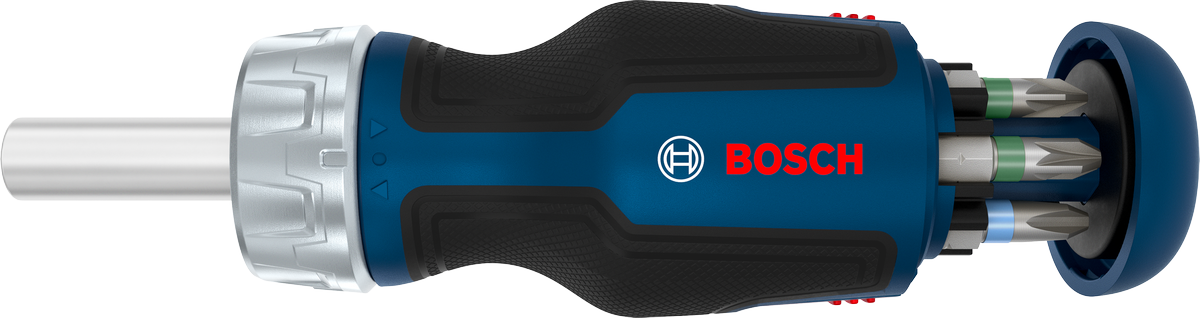 Tua vít có cần siết ngắn Bosch kèm hộp chứa 6 đầu vít.