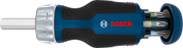 Tua vít có cần siết ngắn Bosch kèm hộp chứa 6 đầu vít.