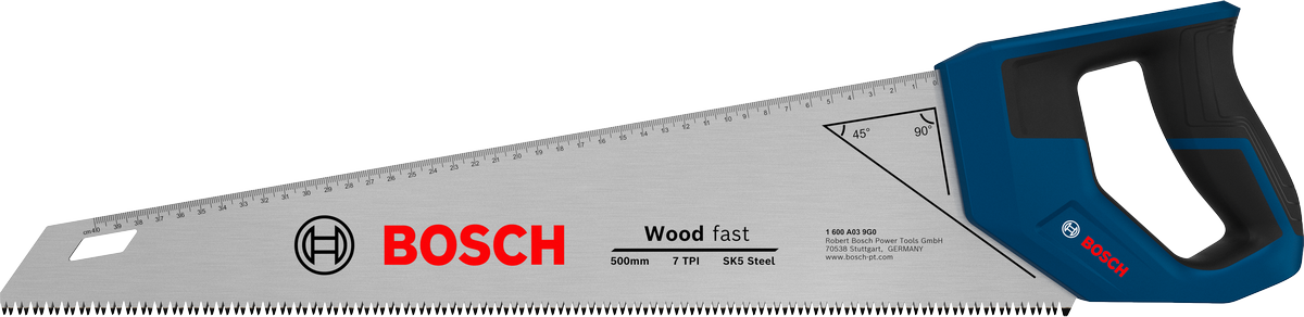 Cưa tay Bosch 500 mm, 7 răng/inch, dùng để cắt gỗ.
