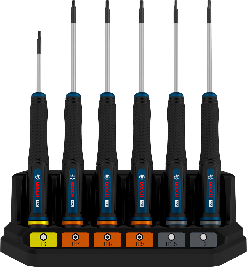 Bộ tua vít chính xác Bosch PRO TX/TH/H, 6 chi tiết với tay cầm được mã hóa màu sắc.