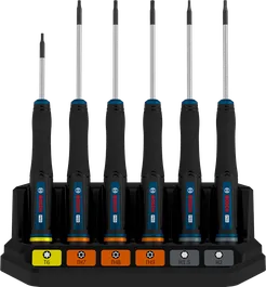 Bộ tua vít chính xác Bosch PRO TX/TH/H, 6 chi tiết với tay cầm được mã hóa màu sắc.