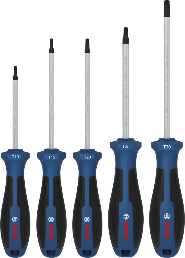 Bộ tua vít Bosch TX 5 chi tiết với cán bằng crom vanadi.