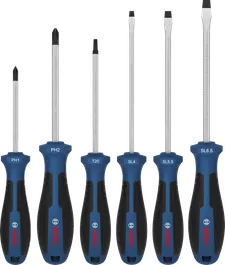 Bộ tua vít Bosch 6 món với tay cầm được mã hóa màu sắc.