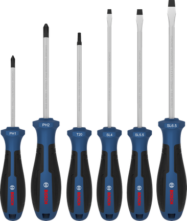 Bộ tua vít Bosch 6 món với tay cầm được mã hóa màu sắc.