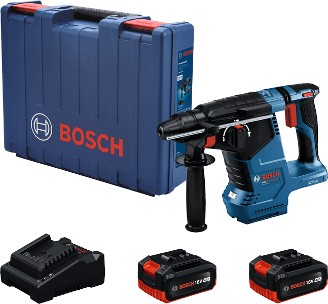 Bộ máy khoan búa xoay Bosch GBH 187-LI kèm pin và hộp đựng.