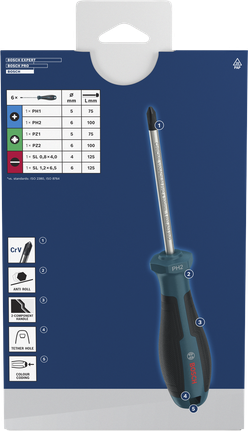 Bộ tua vít Bosch PH/PZ/SL 6 chi tiết với cán bằng thép crom vanadi.