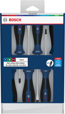 Bộ tua vít 6 món Bosch với cán bằng thép crom vanadi.