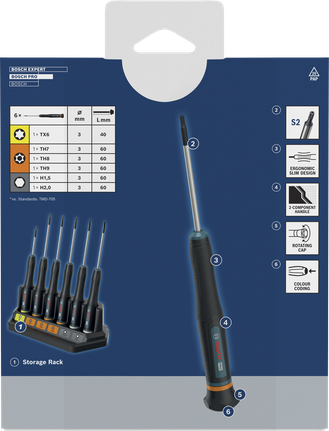 Bộ tua vít chính xác Bosch PRO TX/TH/H, được mã hóa màu sắc.